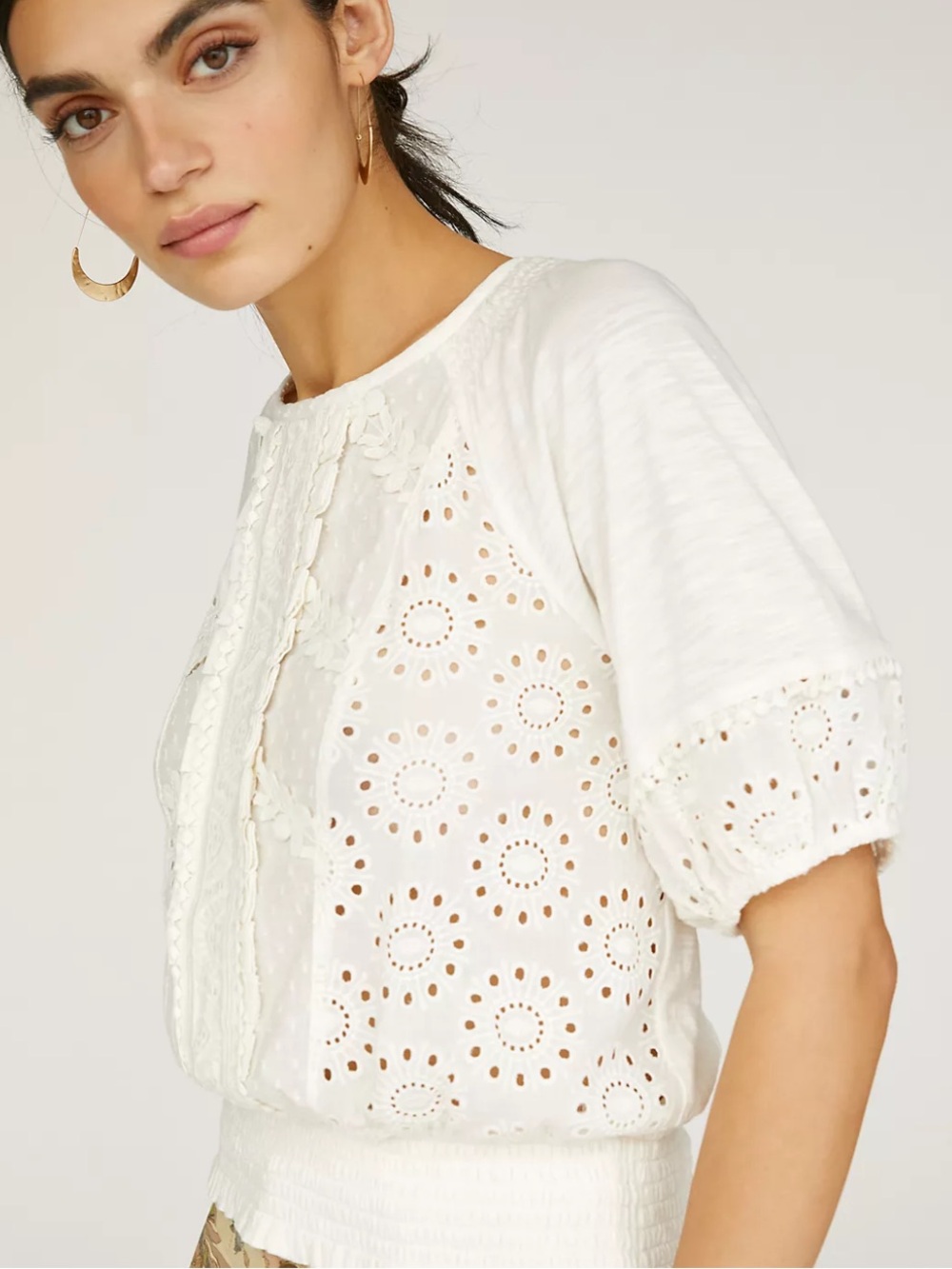 Anthropologie Porridge Freya Eyelet Lace Cotton Puff-Sleeve Blouse Open Back - Picture 3 of 11